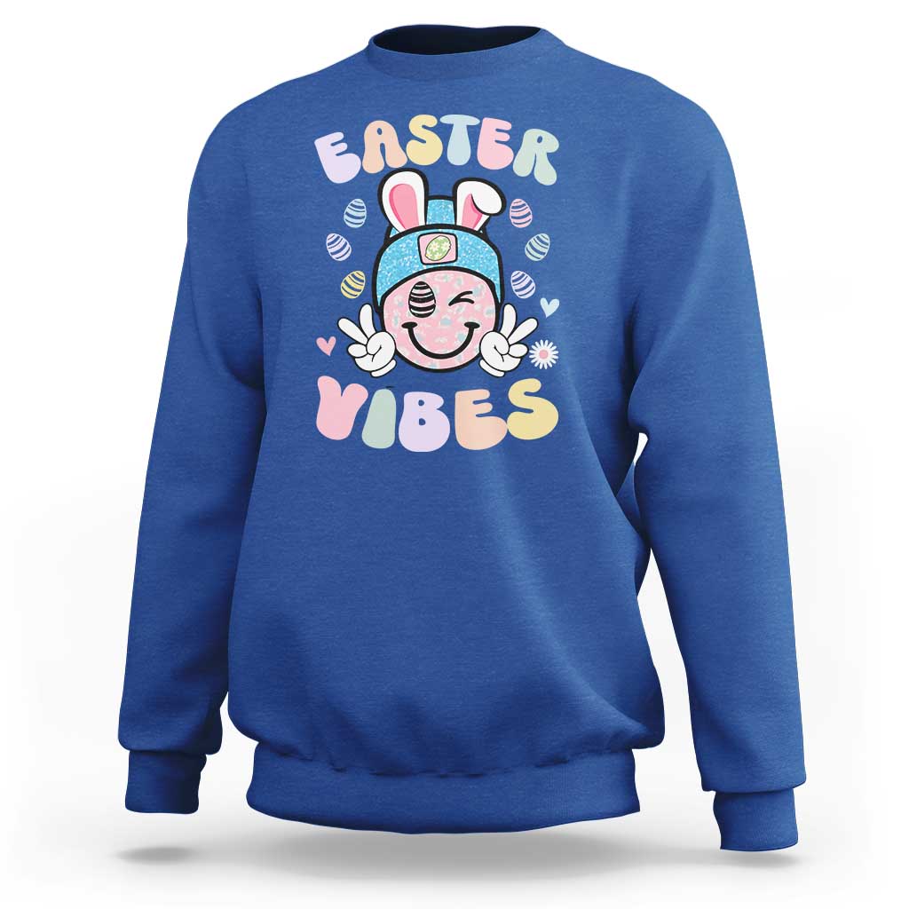 Groovy Easter Vibes Sweatshirt Retro Bunny Smile Eggs - Wonder Print Shop