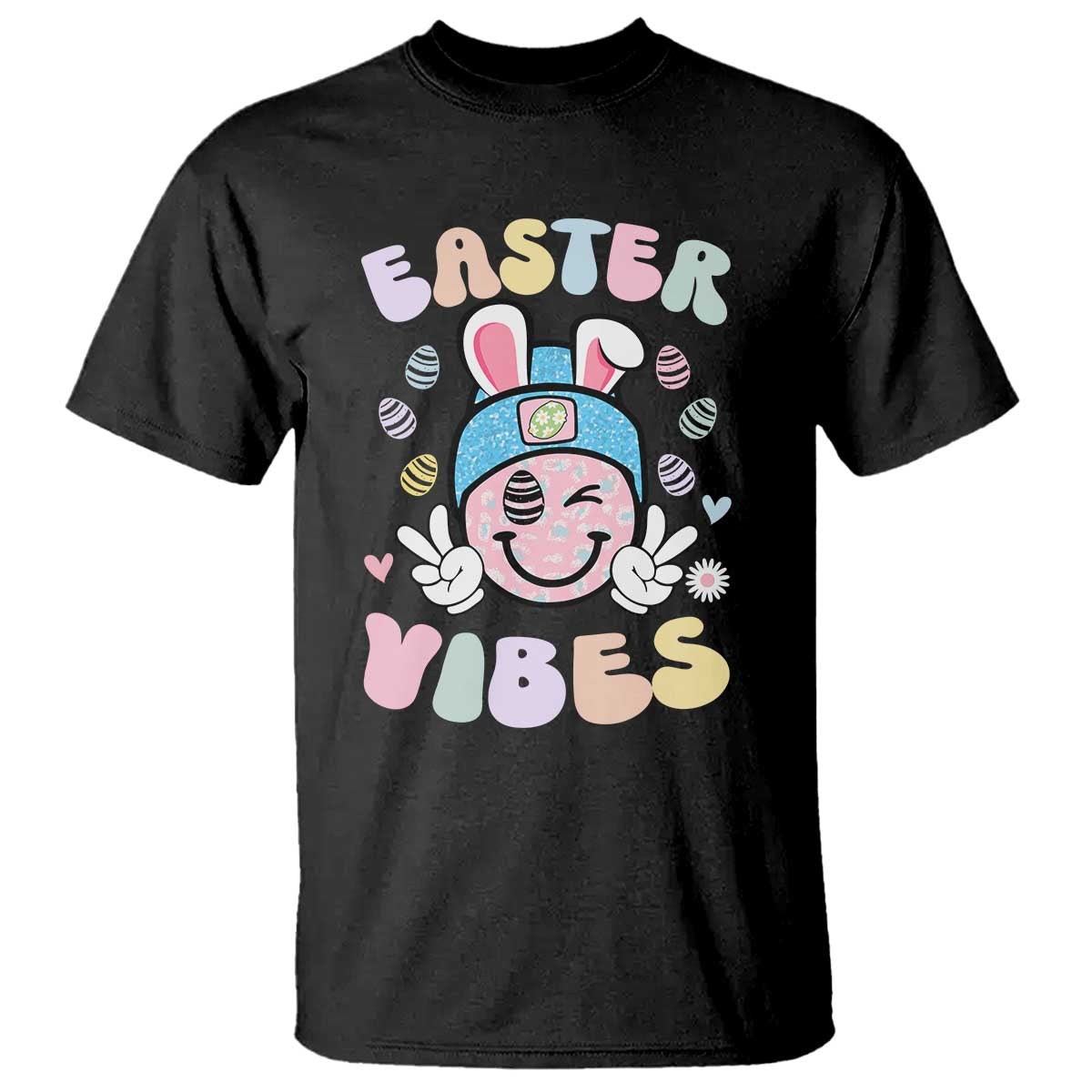 Groovy Easter Vibes T Shirt Retro Bunny Smile Eggs - Wonder Print Shop
