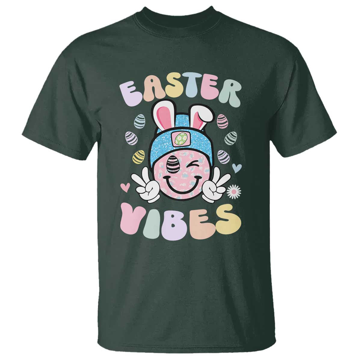 Groovy Easter Vibes T Shirt Retro Bunny Smile Eggs - Wonder Print Shop