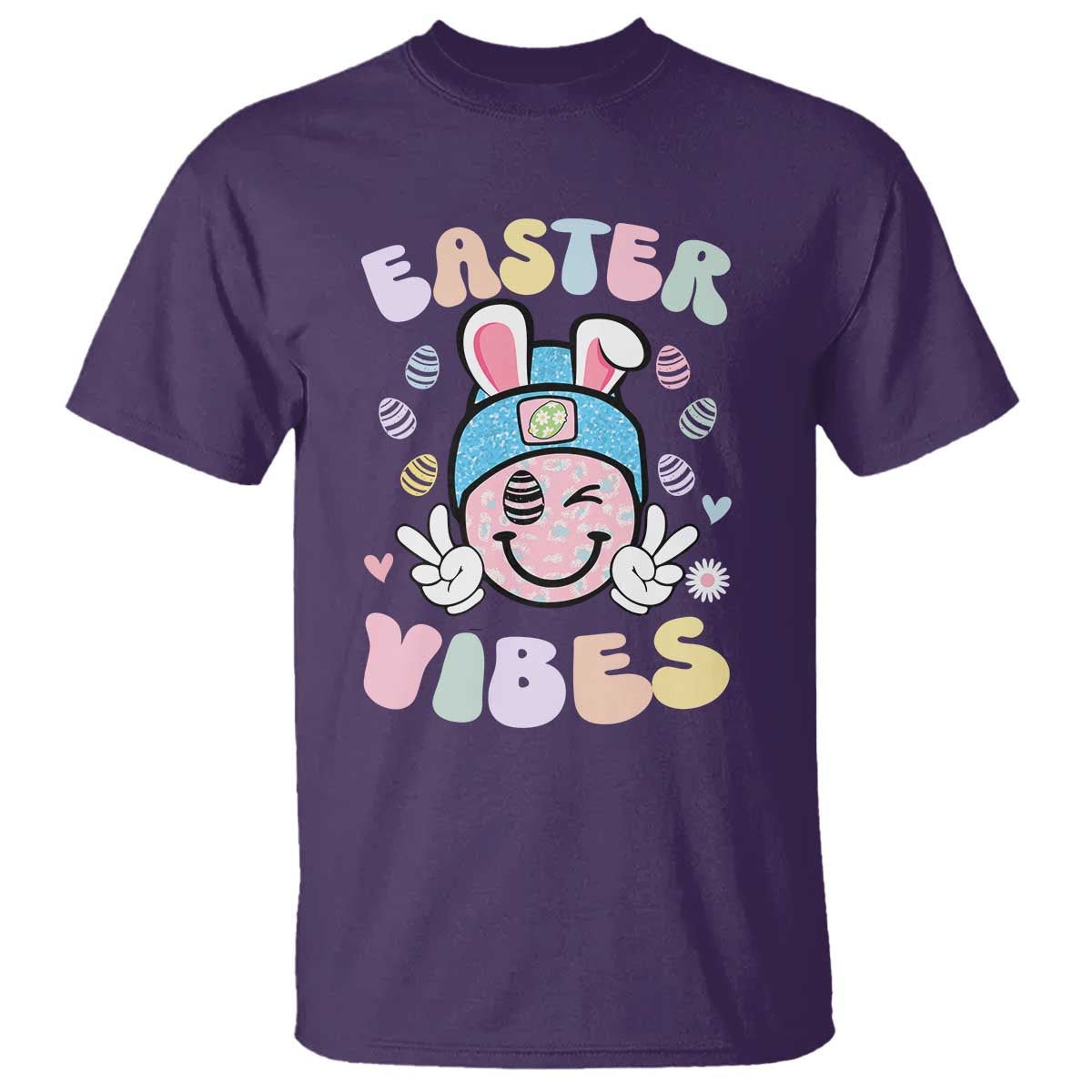 Groovy Easter Vibes T Shirt Retro Bunny Smile Eggs - Wonder Print Shop
