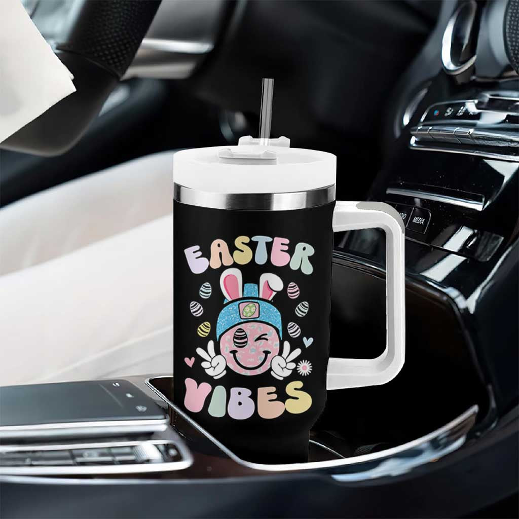 Groovy Easter Vibes Tumbler With Handle Retro Bunny Smile Eggs - Wonder Print Shop