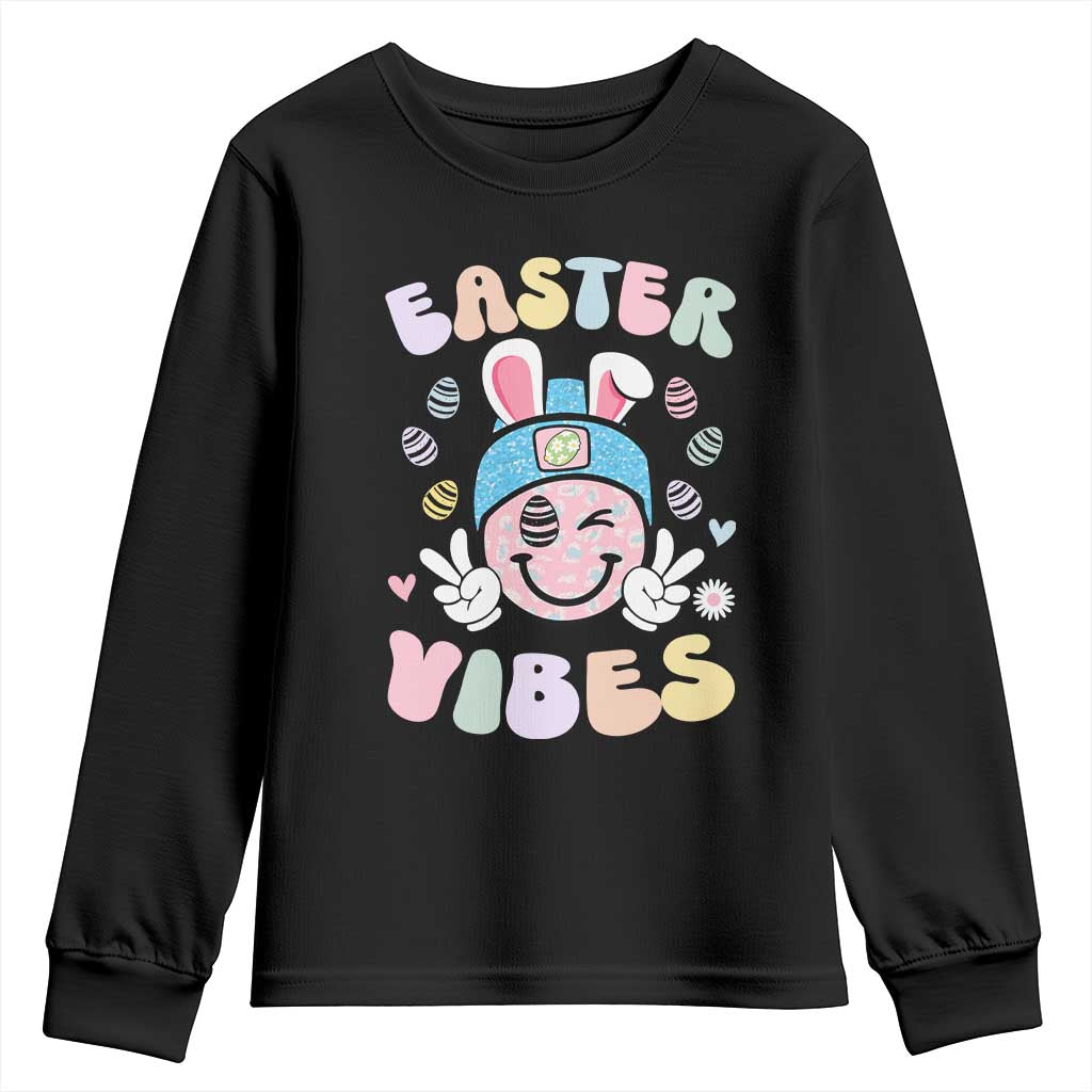 Groovy Easter Vibes Youth Sweatshirt Retro Bunny Smile Eggs - Wonder Print Shop