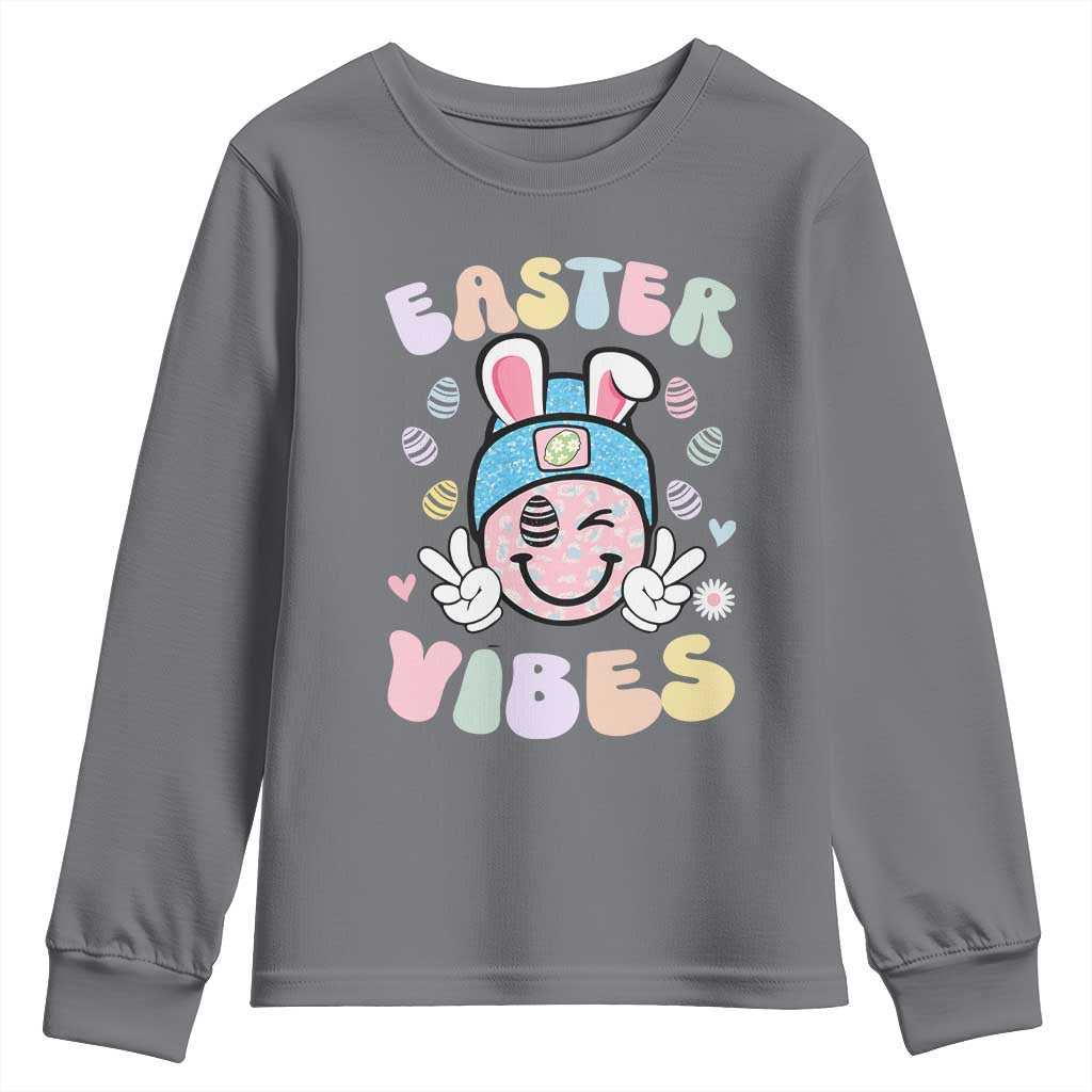 Groovy Easter Vibes Youth Sweatshirt Retro Bunny Smile Eggs - Wonder Print Shop