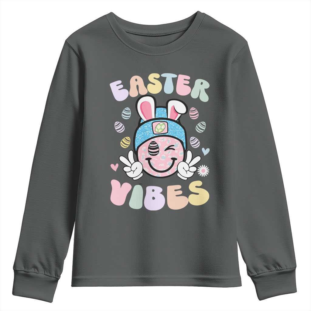 Groovy Easter Vibes Youth Sweatshirt Retro Bunny Smile Eggs - Wonder Print Shop