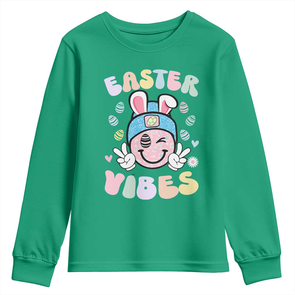 Groovy Easter Vibes Youth Sweatshirt Retro Bunny Smile Eggs - Wonder Print Shop