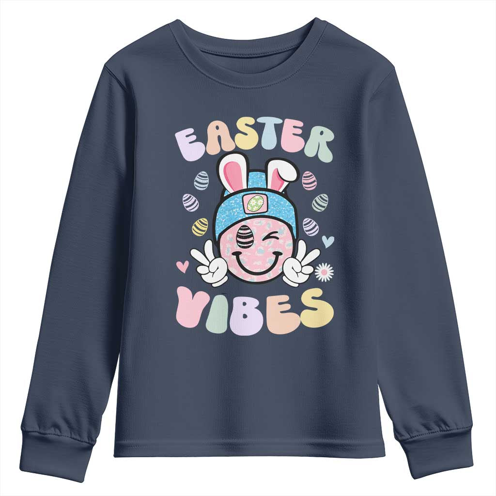 Groovy Easter Vibes Youth Sweatshirt Retro Bunny Smile Eggs - Wonder Print Shop
