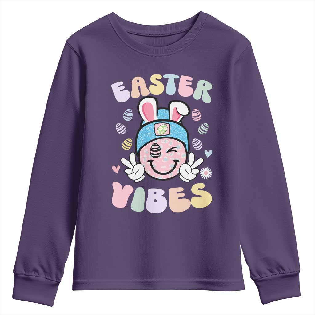Groovy Easter Vibes Youth Sweatshirt Retro Bunny Smile Eggs - Wonder Print Shop