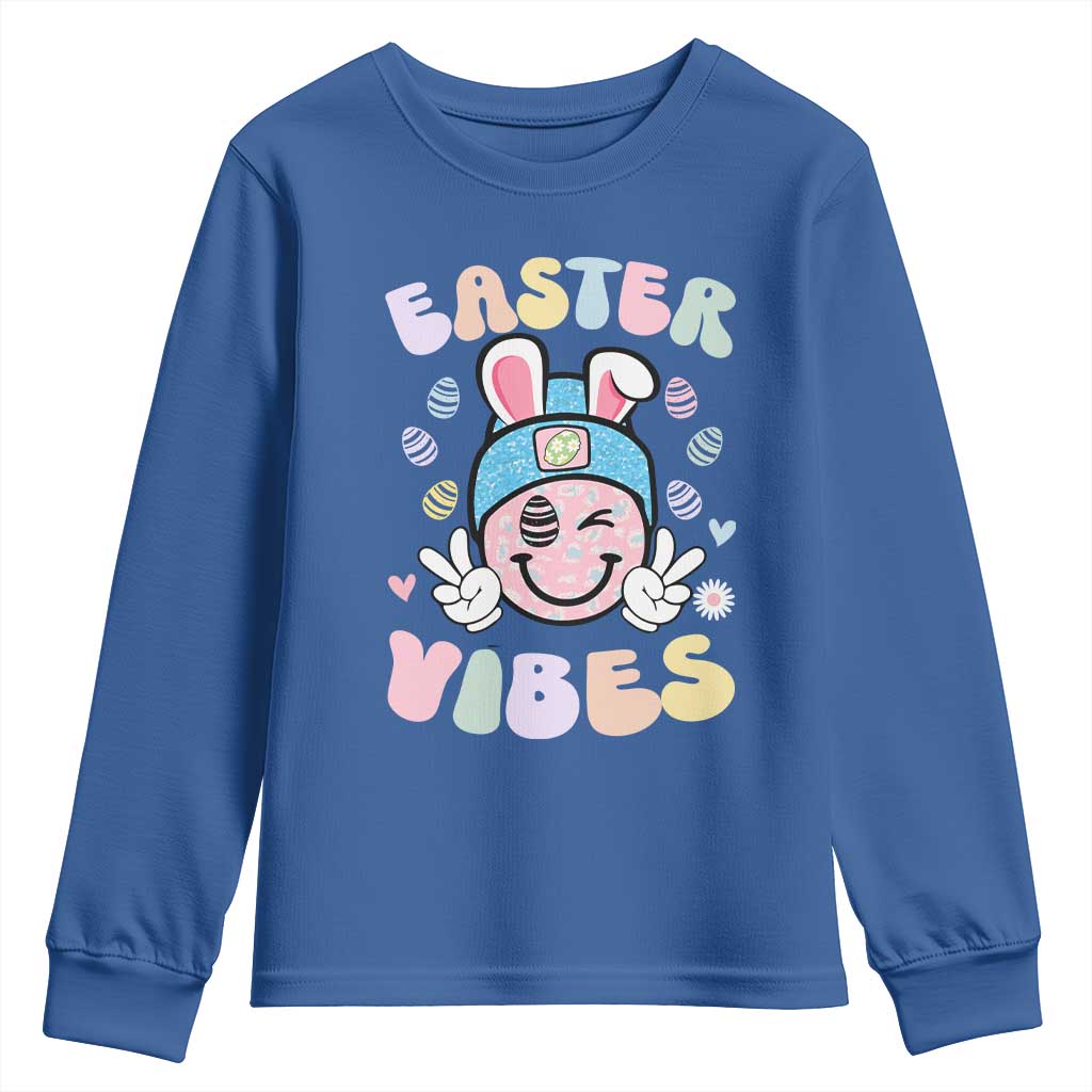Groovy Easter Vibes Youth Sweatshirt Retro Bunny Smile Eggs - Wonder Print Shop