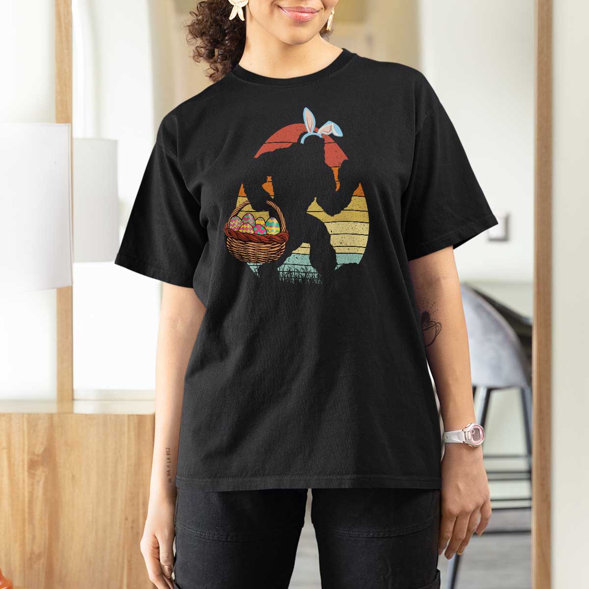 Bigfoot Easter T Shirt For Women Bunny Sasquatch Eggs Retro - Wonder Print Shop