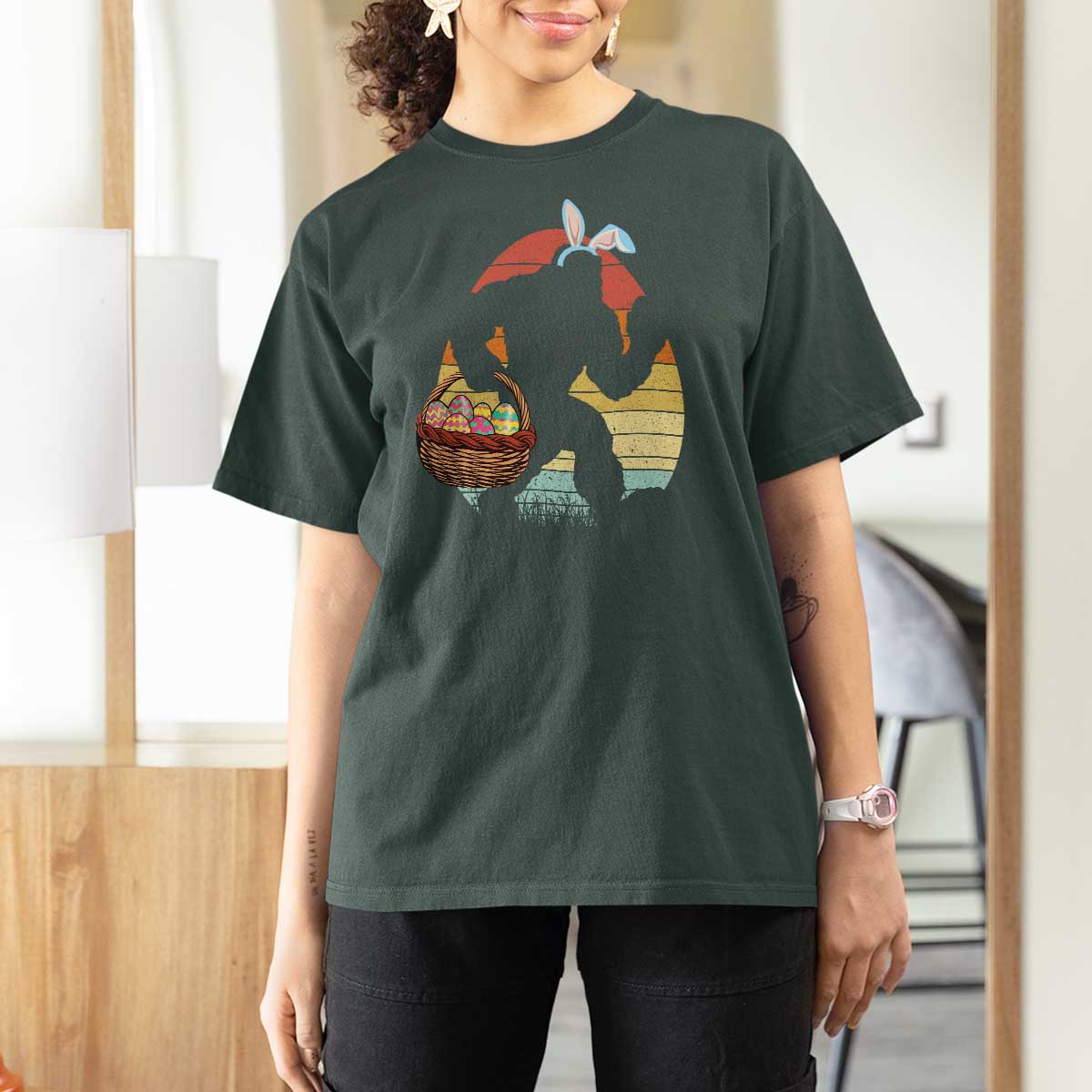 Bigfoot Easter T Shirt For Women Bunny Sasquatch Eggs Retro - Wonder Print Shop