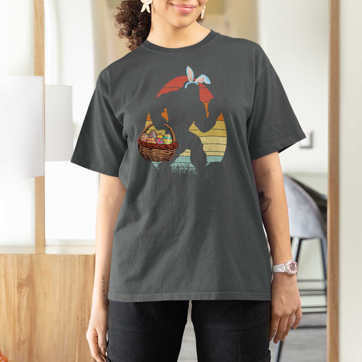 Bigfoot Easter T Shirt For Women Bunny Sasquatch Eggs Retro - Wonder Print Shop