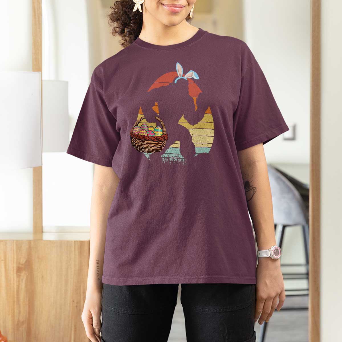 Bigfoot Easter T Shirt For Women Bunny Sasquatch Eggs Retro - Wonder Print Shop