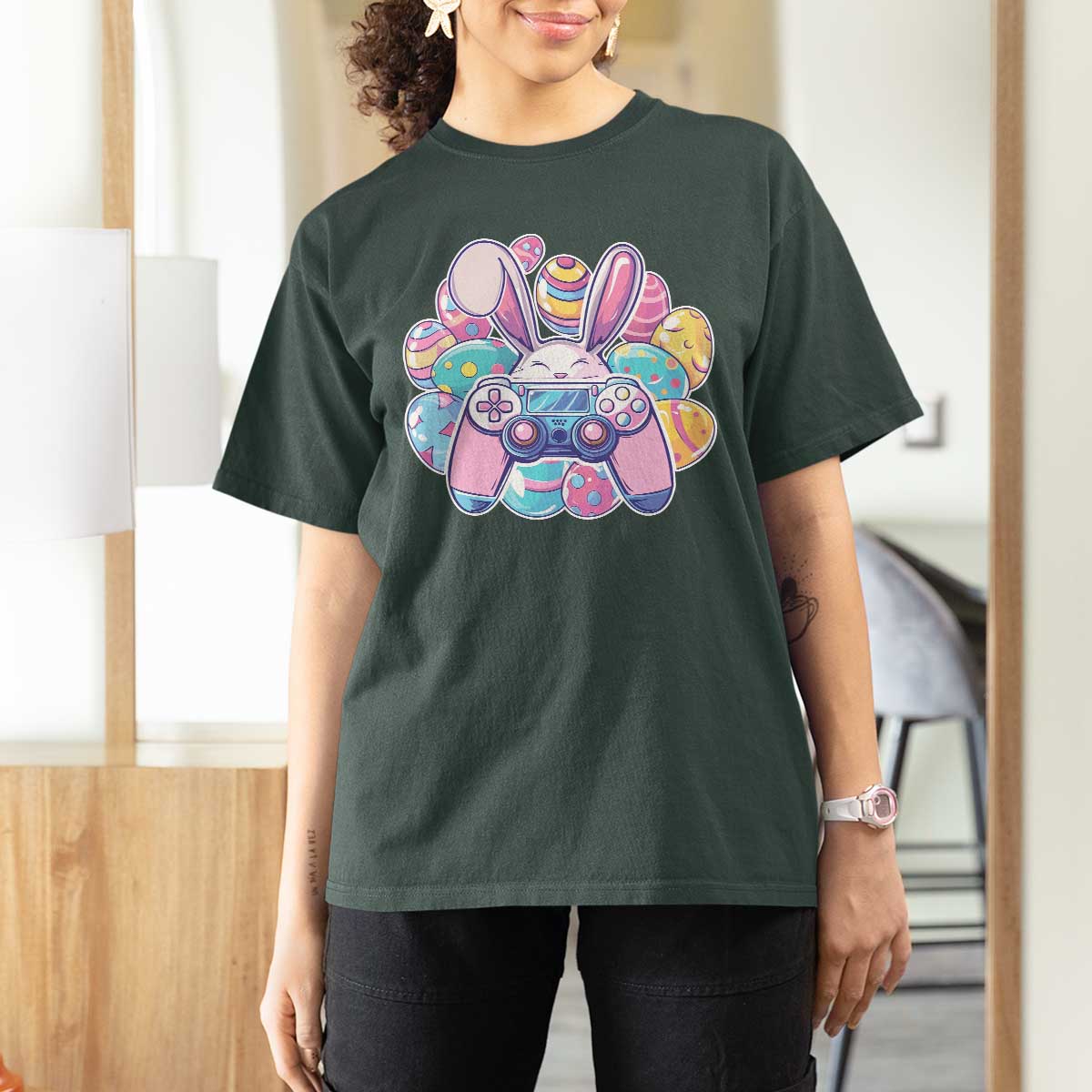 Easter Video Game T Shirt For Women Cute Bunny Eggs Gaming Gamer - Wonder Print Shop