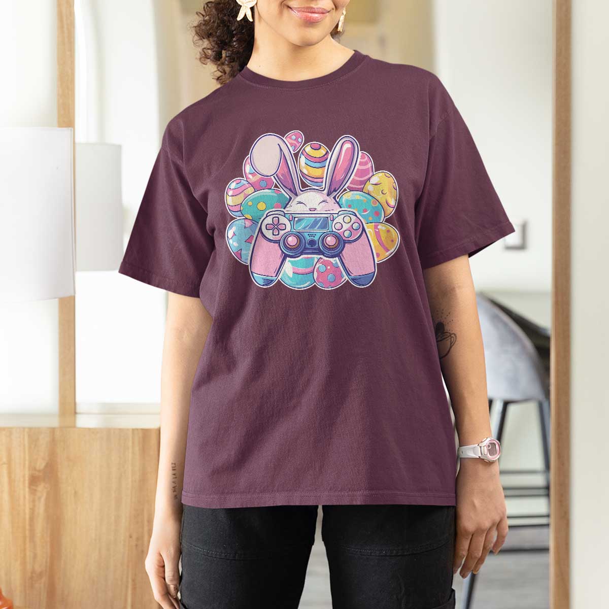 Easter Video Game T Shirt For Women Cute Bunny Eggs Gaming Gamer - Wonder Print Shop