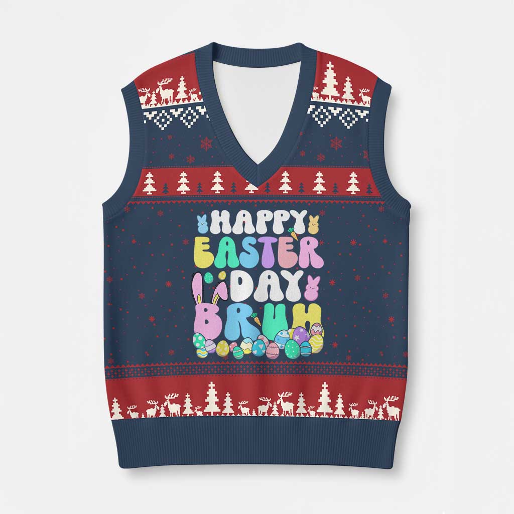 Bruh Easter V-Neck Knit Sweater Vest Teens Boys Kids Cute Bunny Eggs - Wonder Print Shop