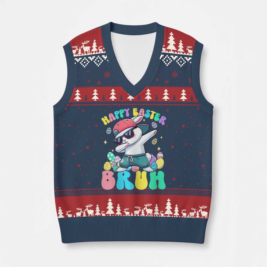 Bruh Easter V-Neck Knit Sweater Vest Funny Bunny Dab Rabbit Dance - Wonder Print Shop