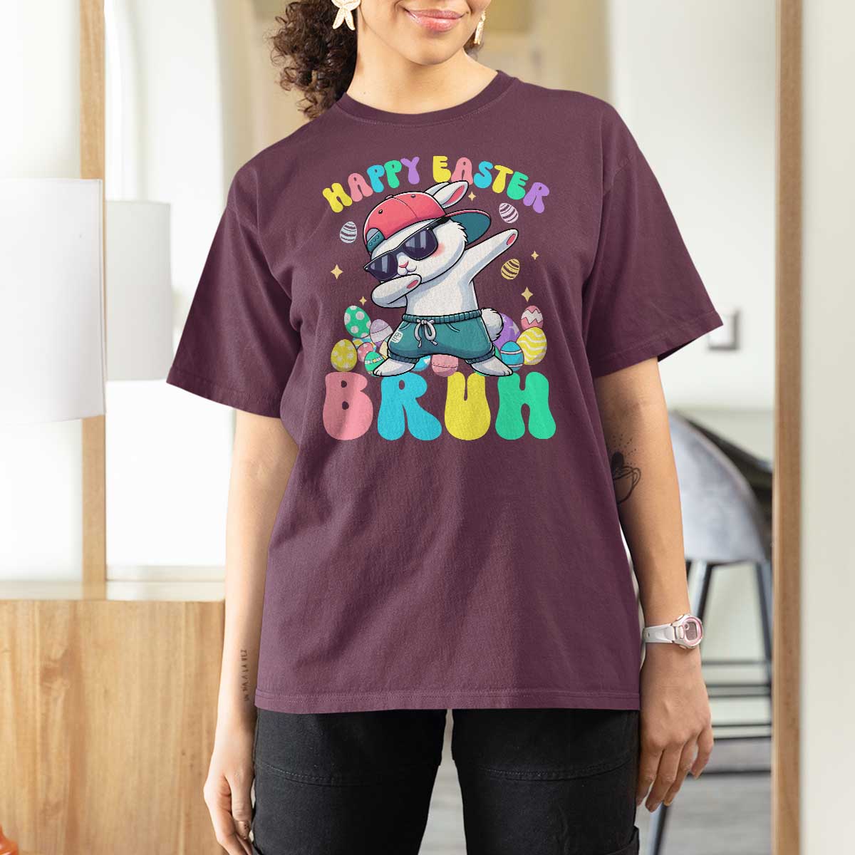 Bruh Easter T Shirt For Women Funny Bunny Dab Rabbit Dance - Wonder Print Shop