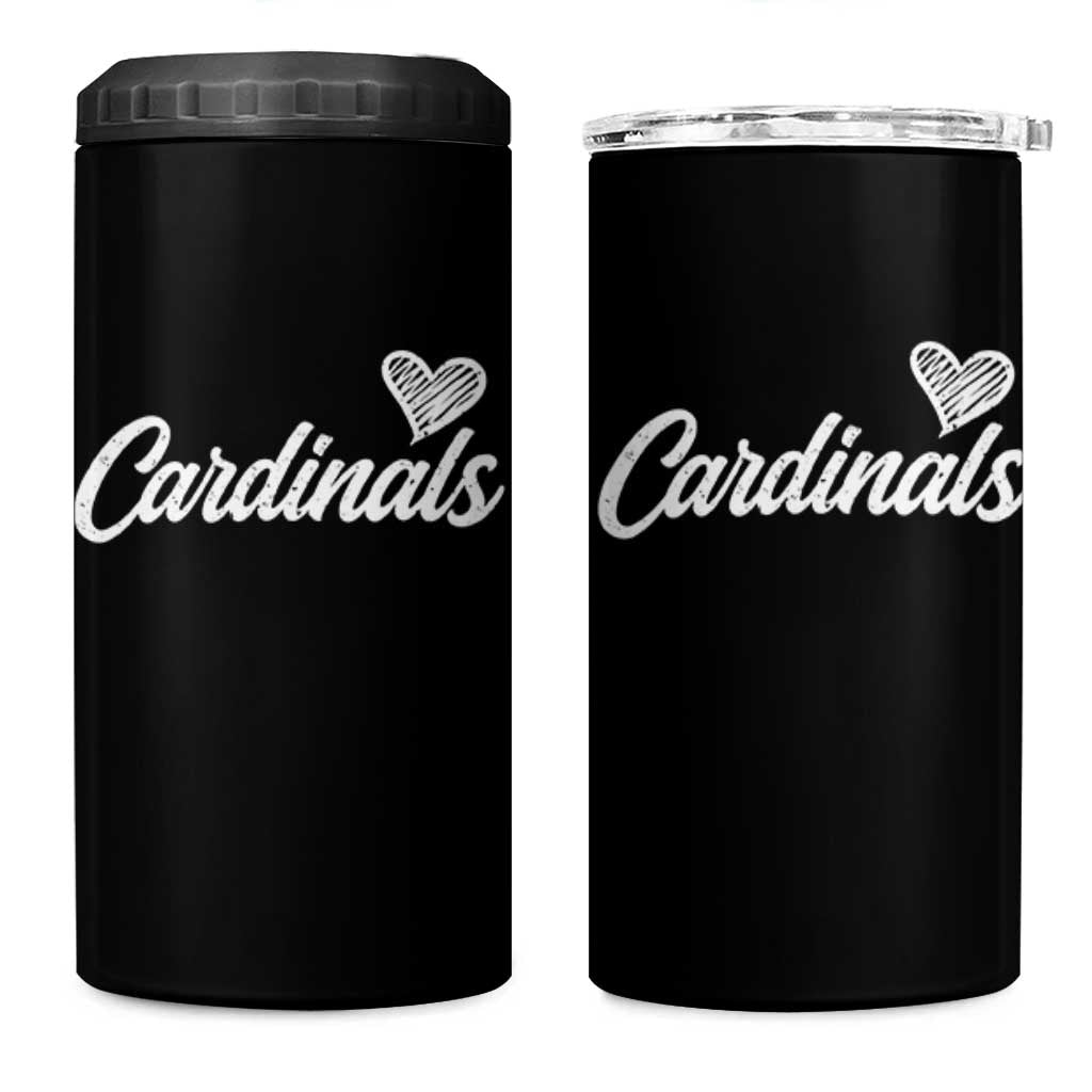 Cardinal Lovers 4 in 1 Can Cooler Tumbler Vintage Script Heart Graphic