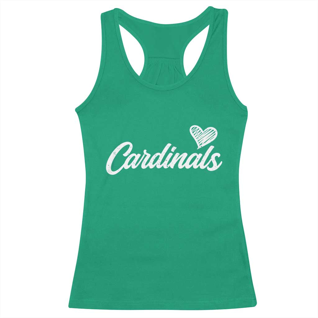 Cardinal Lovers Racerback Tank Top Vintage Script Heart Graphic