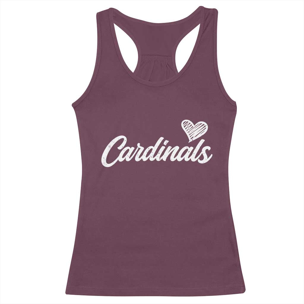Cardinal Lovers Racerback Tank Top Vintage Script Heart Graphic