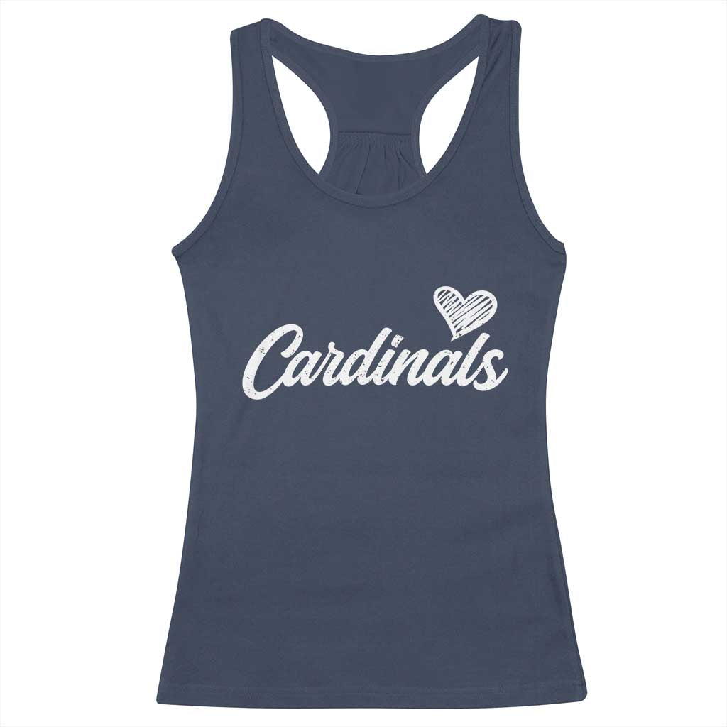 Cardinal Lovers Racerback Tank Top Vintage Script Heart Graphic