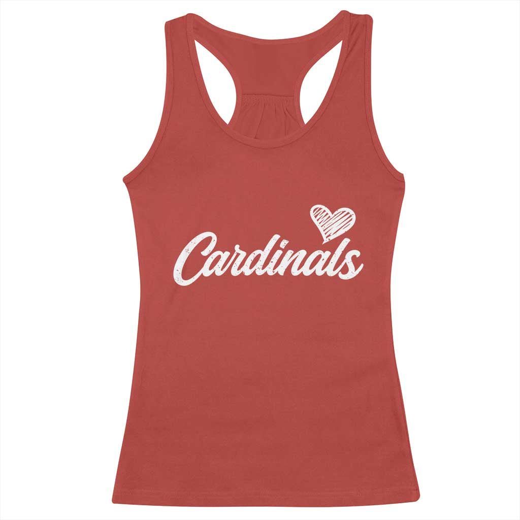 Cardinal Lovers Racerback Tank Top Vintage Script Heart Graphic