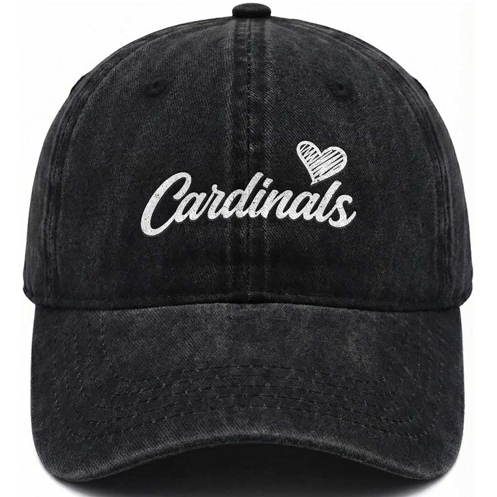Cardinal Lovers Washed Cotton Baseball Cap Vintage Script Heart Graphic