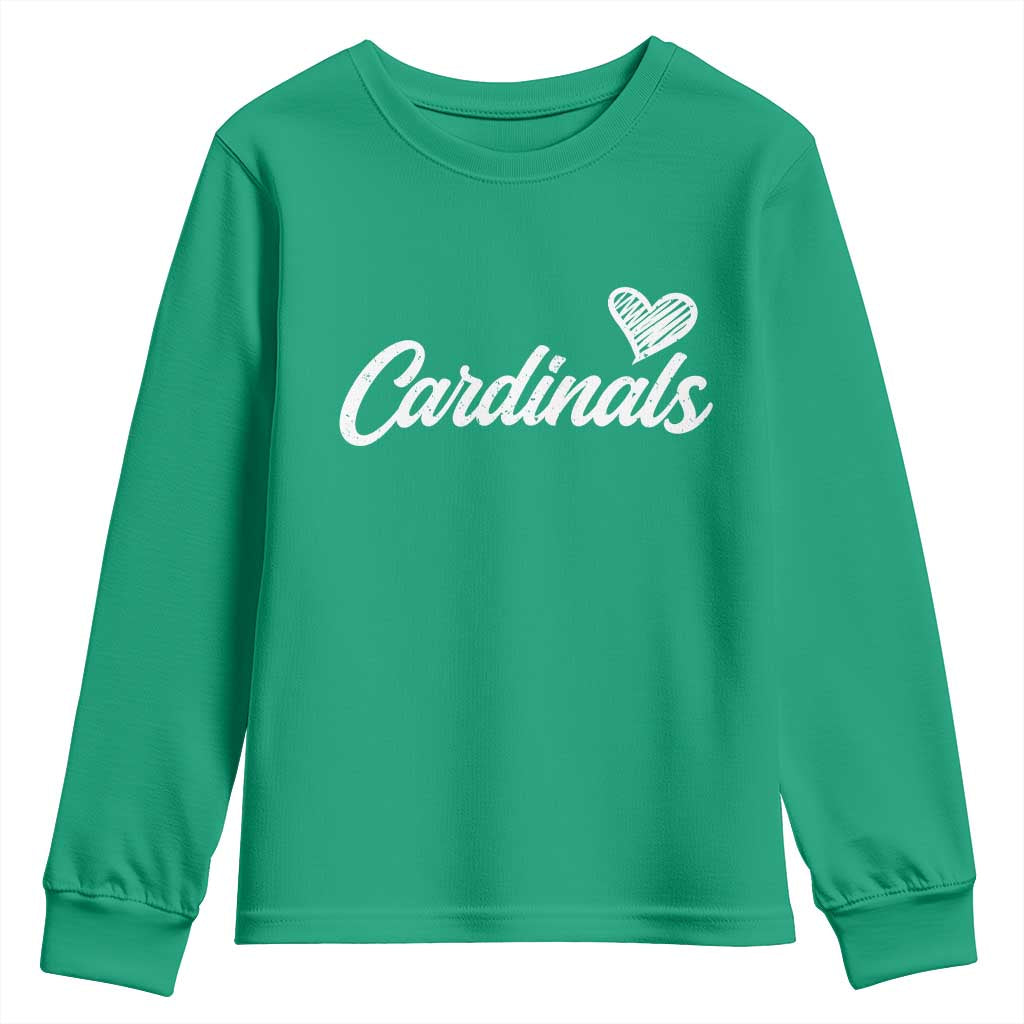 Cardinal Lovers Youth Sweatshirt Vintage Script Heart Graphic