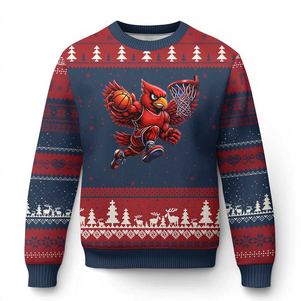 Cardinal Playing Basketball Graphic Ugly Christmas Sweater Dunk Mascot Sports Fan Gift