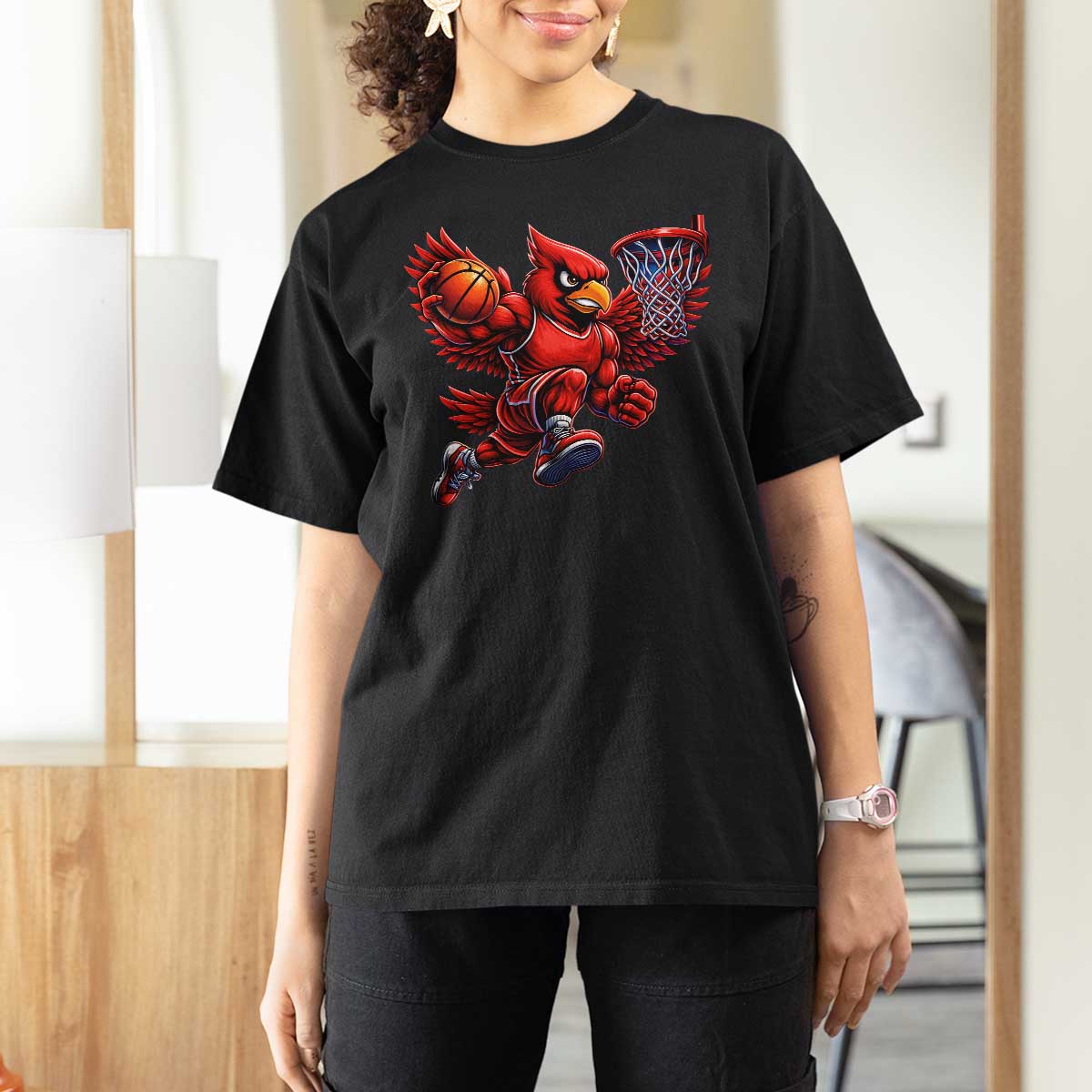Cardinal Playing Basketball Graphic T Shirt For Women Dunk Mascot Sports Fan Gift