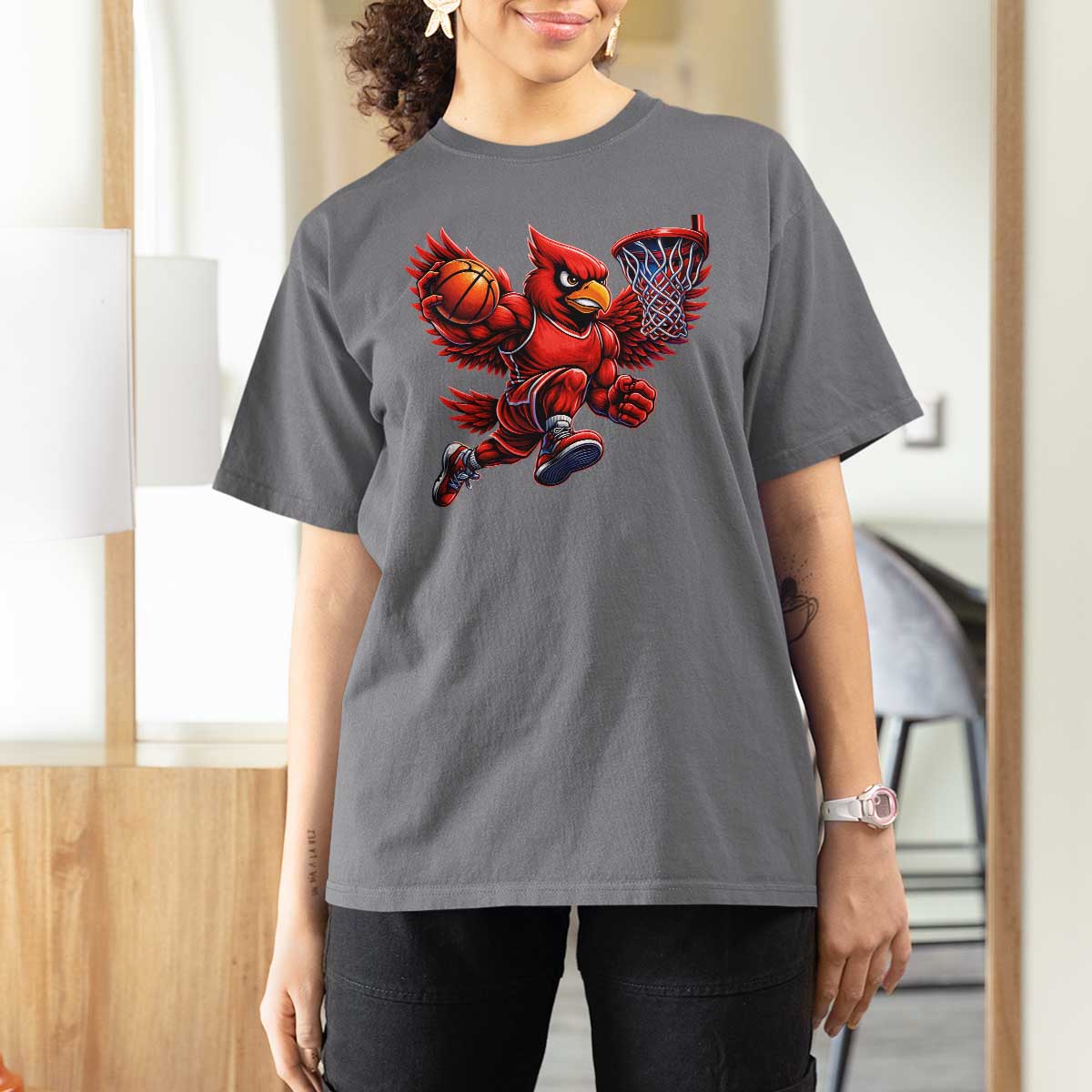 Cardinal Playing Basketball Graphic T Shirt For Women Dunk Mascot Sports Fan Gift