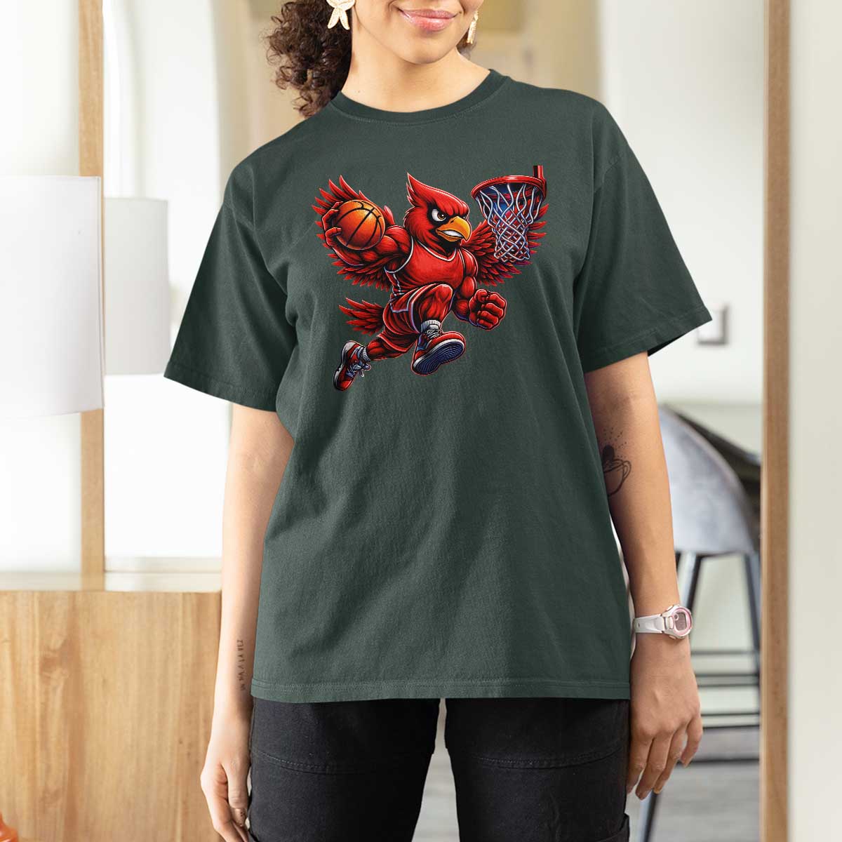 Cardinal Playing Basketball Graphic T Shirt For Women Dunk Mascot Sports Fan Gift