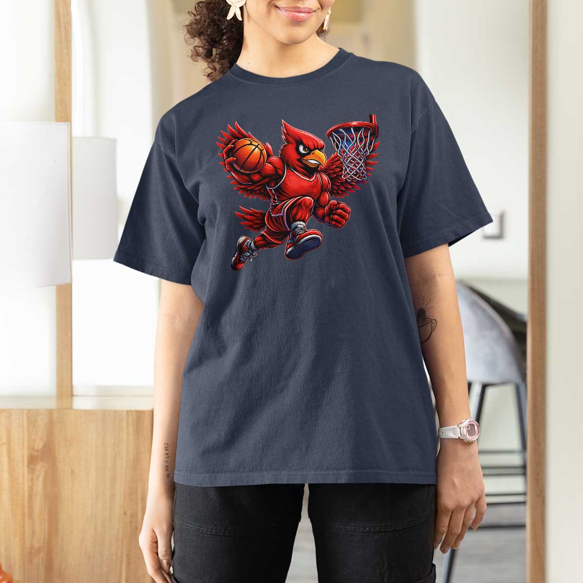 Cardinal Playing Basketball Graphic T Shirt For Women Dunk Mascot Sports Fan Gift