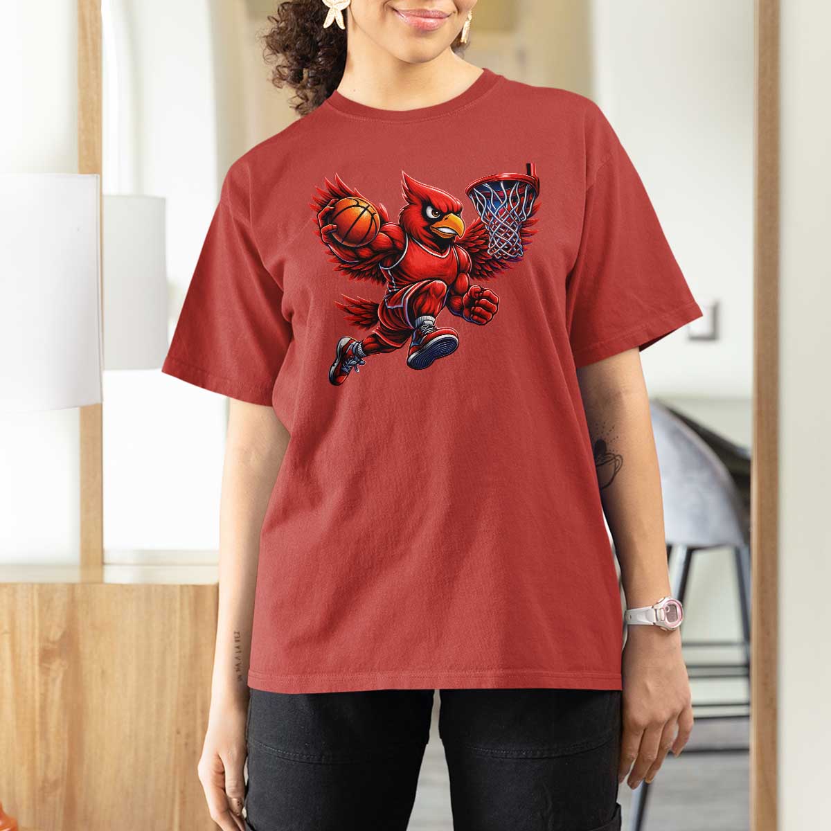 Cardinal Playing Basketball Graphic T Shirt For Women Dunk Mascot Sports Fan Gift