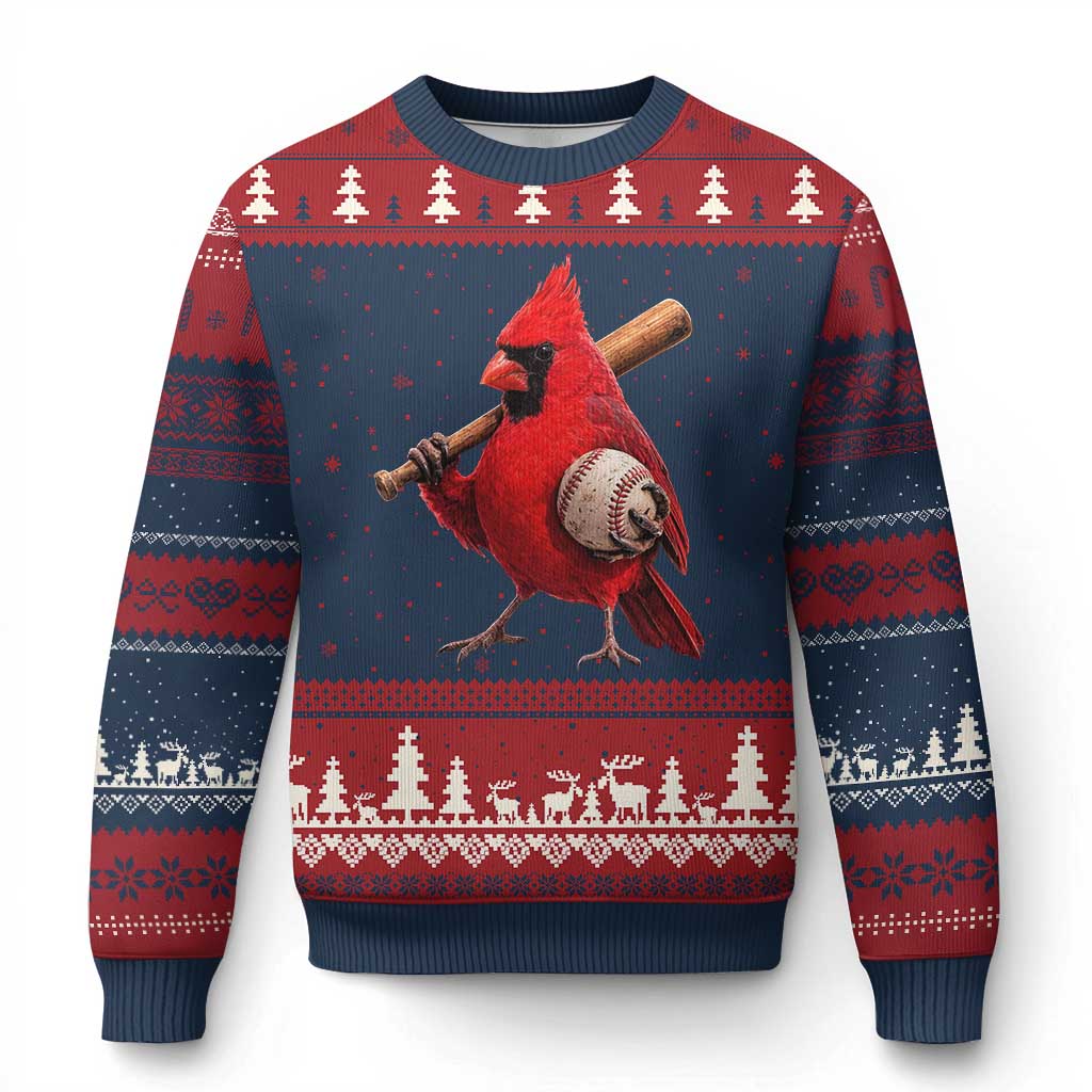 Cardinals Baseball Player Ugly Christmas Sweater Retro STL Redbird Fan Bird Mascot Baseball
