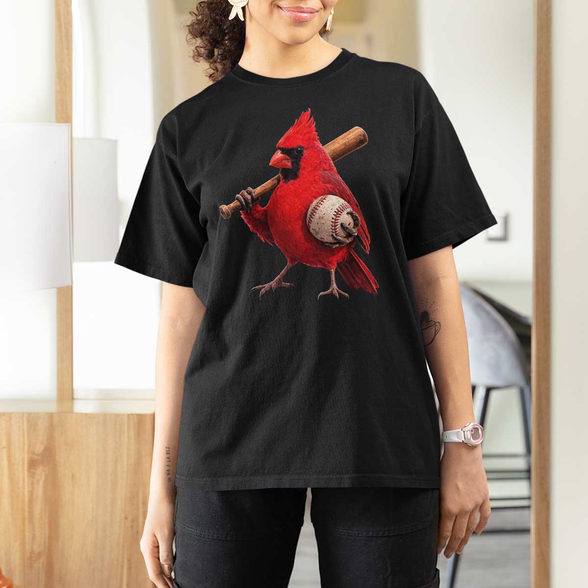 Cardinals Baseball Player T Shirt For Women Retro STL Redbird Fan Bird Mascot Baseball