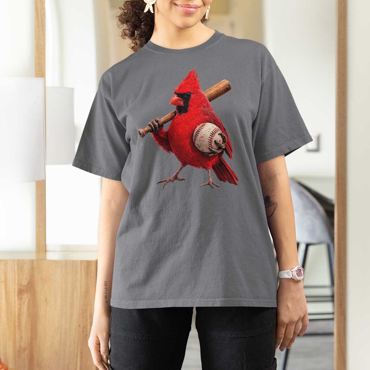 Cardinals Baseball Player T Shirt For Women Retro STL Redbird Fan Bird Mascot Baseball