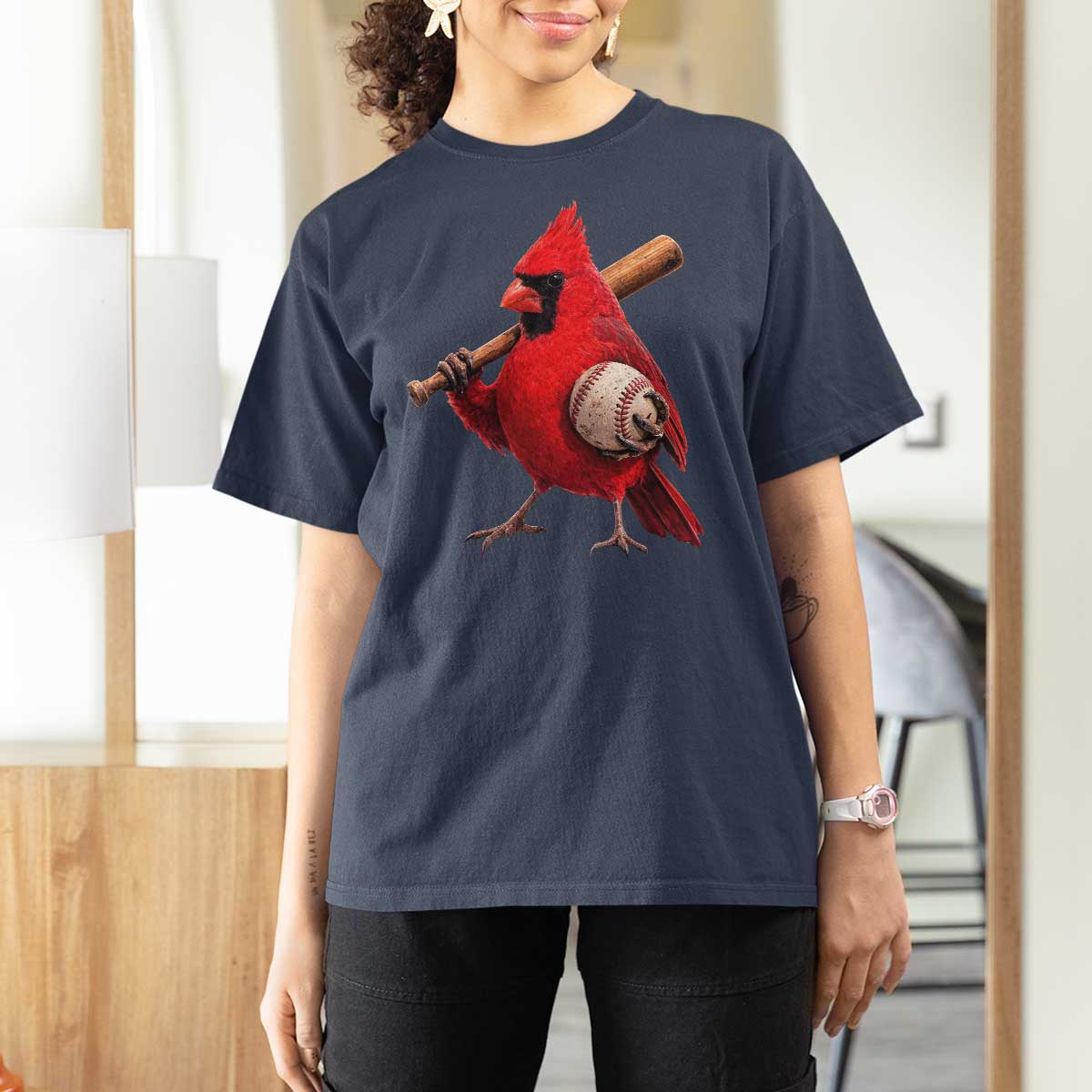 Cardinals Baseball Player T Shirt For Women Retro STL Redbird Fan Bird Mascot Baseball