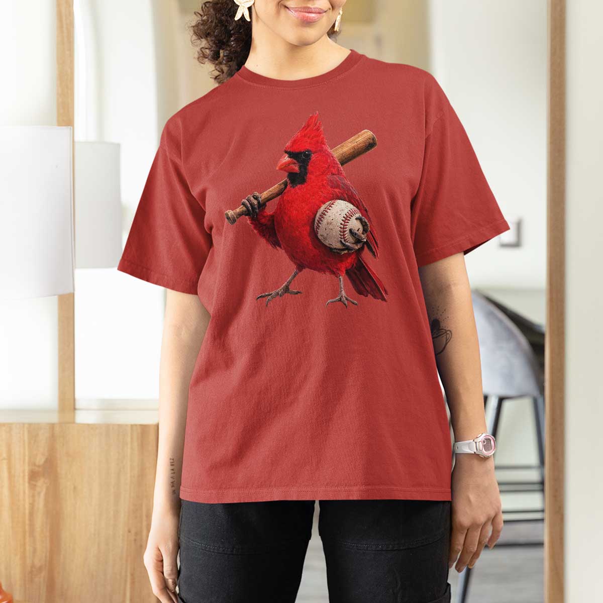 Cardinals Baseball Player T Shirt For Women Retro STL Redbird Fan Bird Mascot Baseball