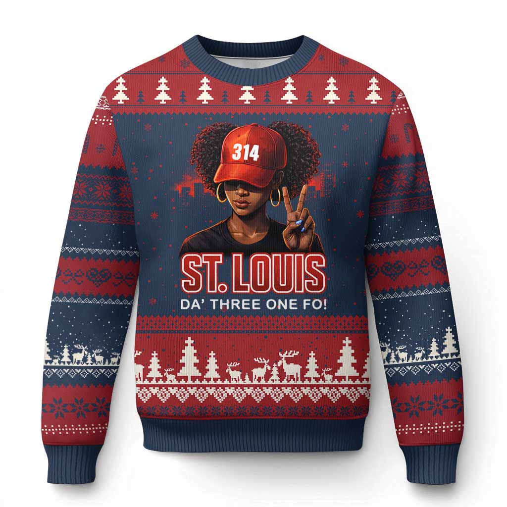 314 St Louis Ugly Christmas Sweater Red Hat African American Woman STL City Pride Area Code