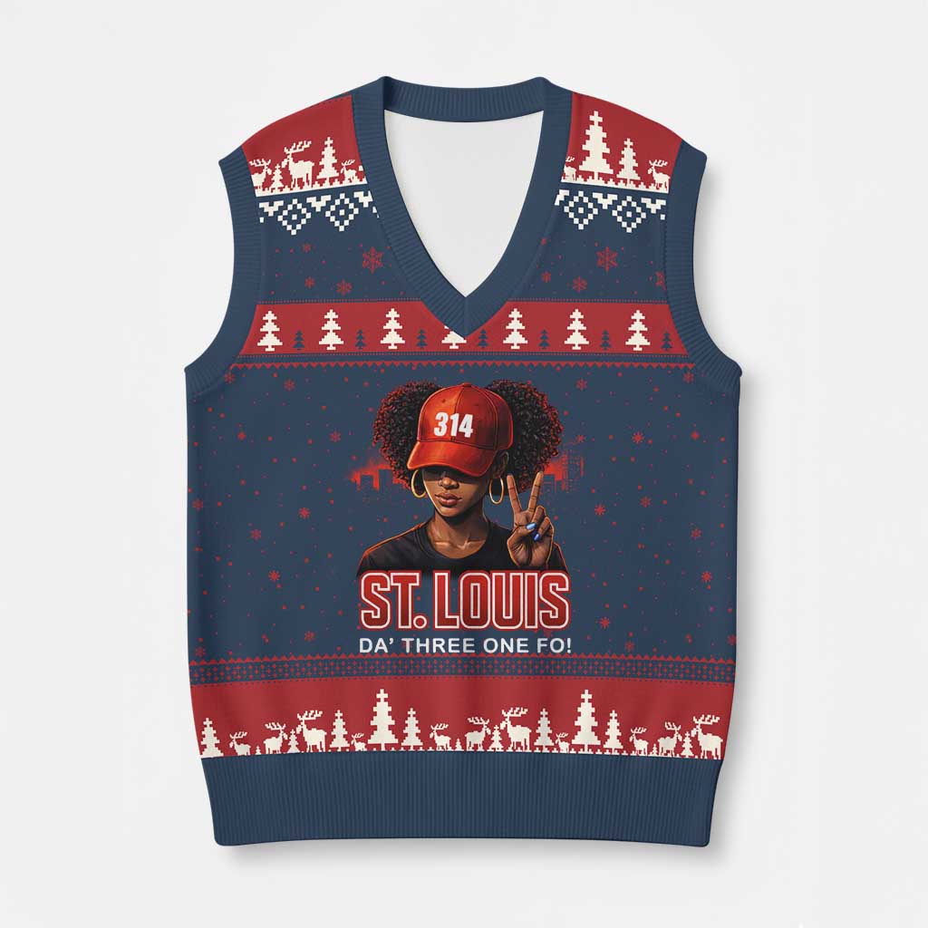 314 St Louis V-Neck Knit Sweater Vest Red Hat African American Woman STL City Pride Area Code