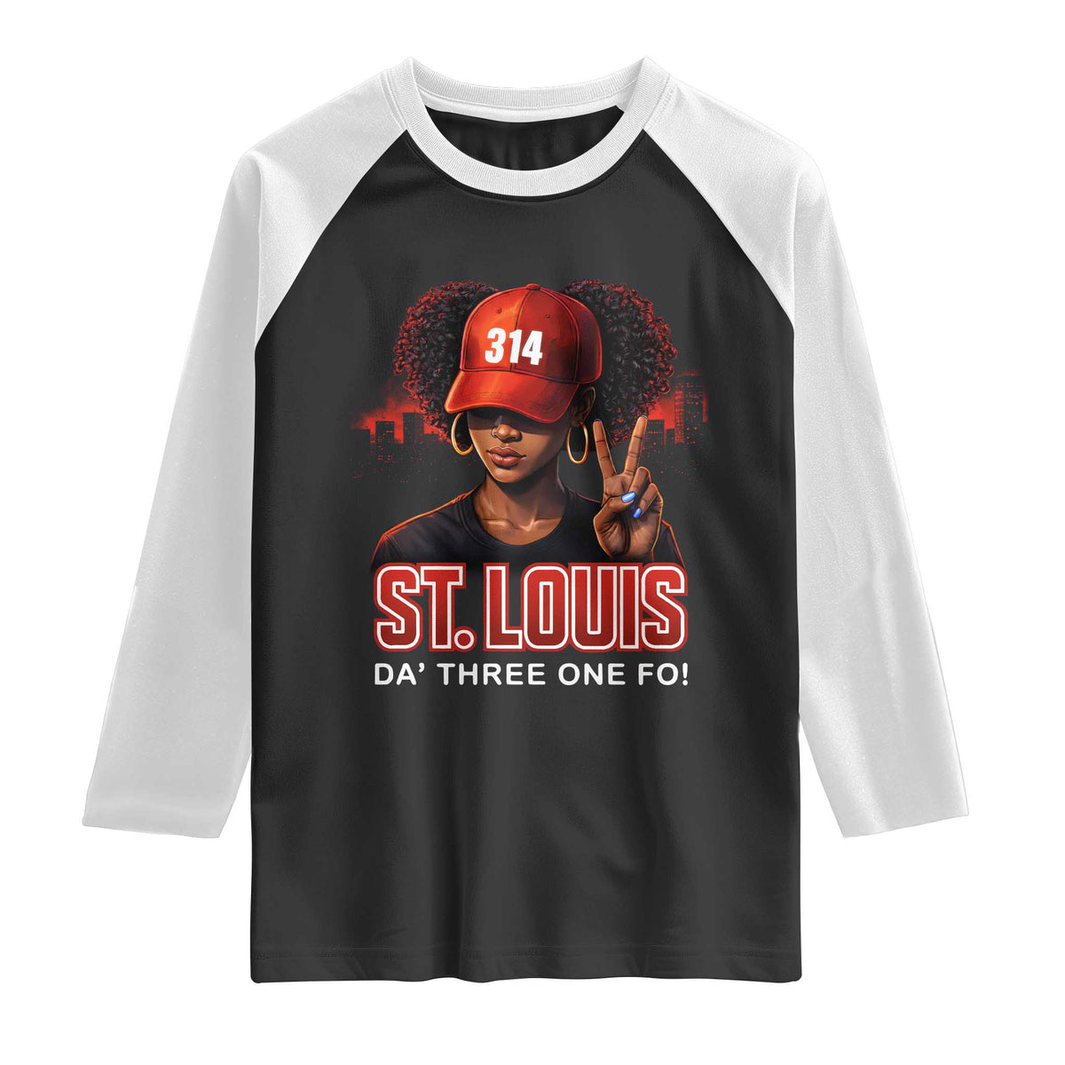 314 St Louis Raglan Shirt Red Hat African American Woman STL City Pride Area Code