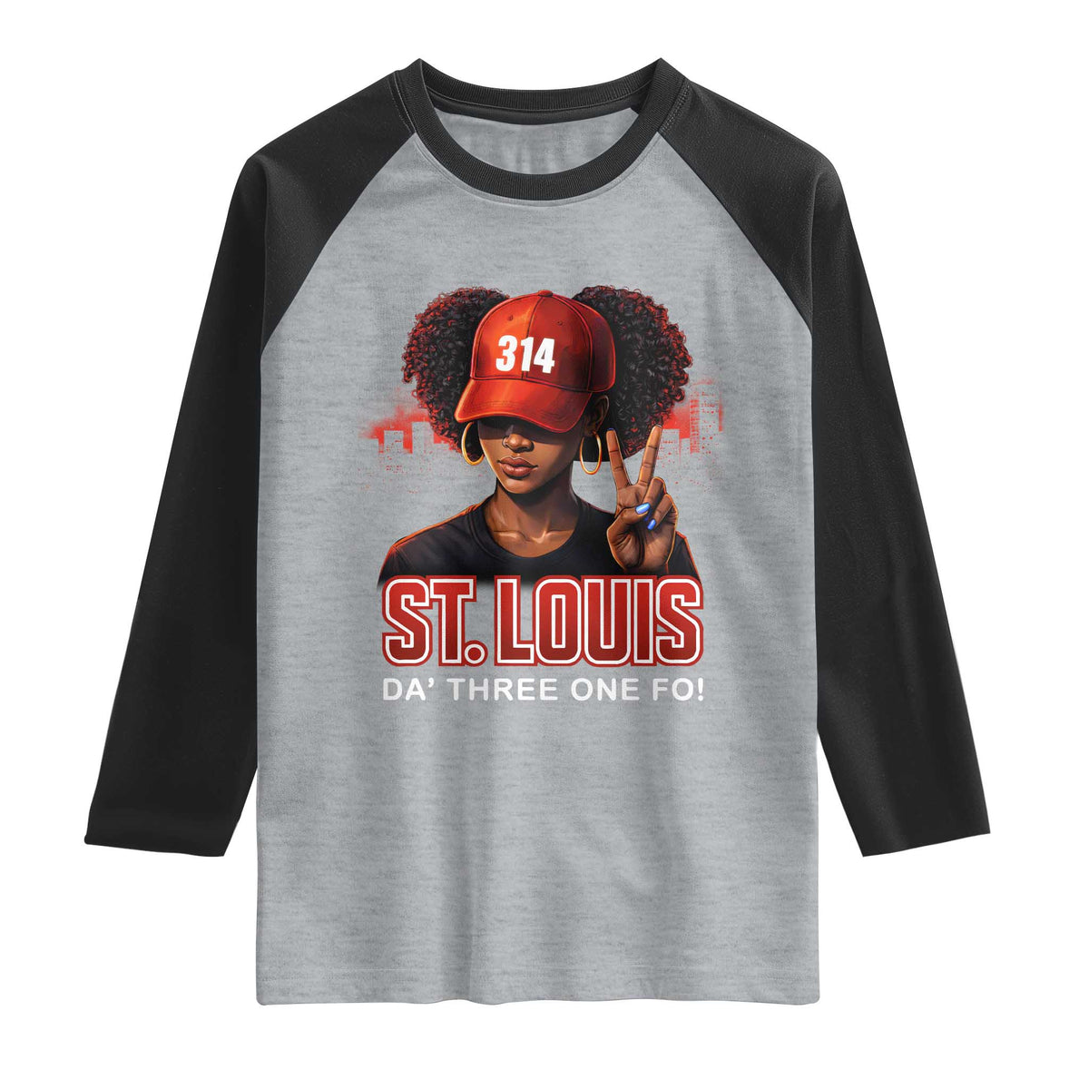 314 St Louis Raglan Shirt Red Hat African American Woman STL City Pride Area Code
