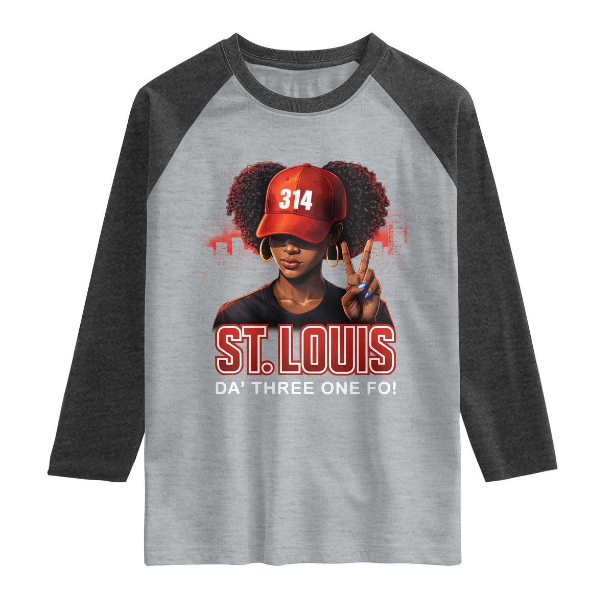 314 St Louis Raglan Shirt Red Hat African American Woman STL City Pride Area Code