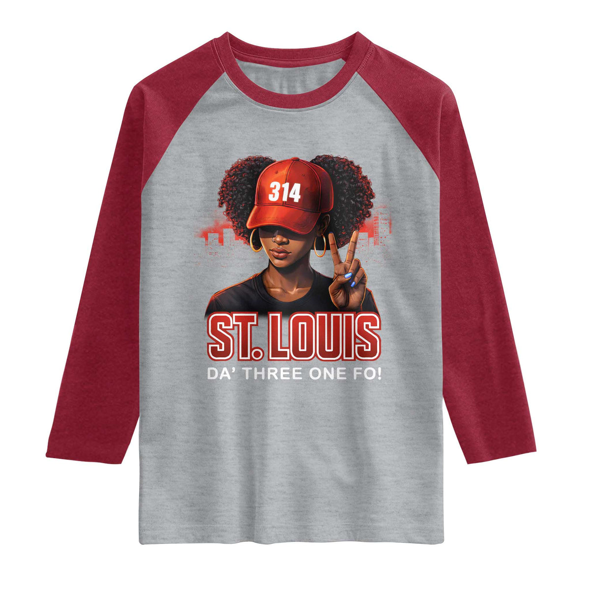 314 St Louis Raglan Shirt Red Hat African American Woman STL City Pride Area Code