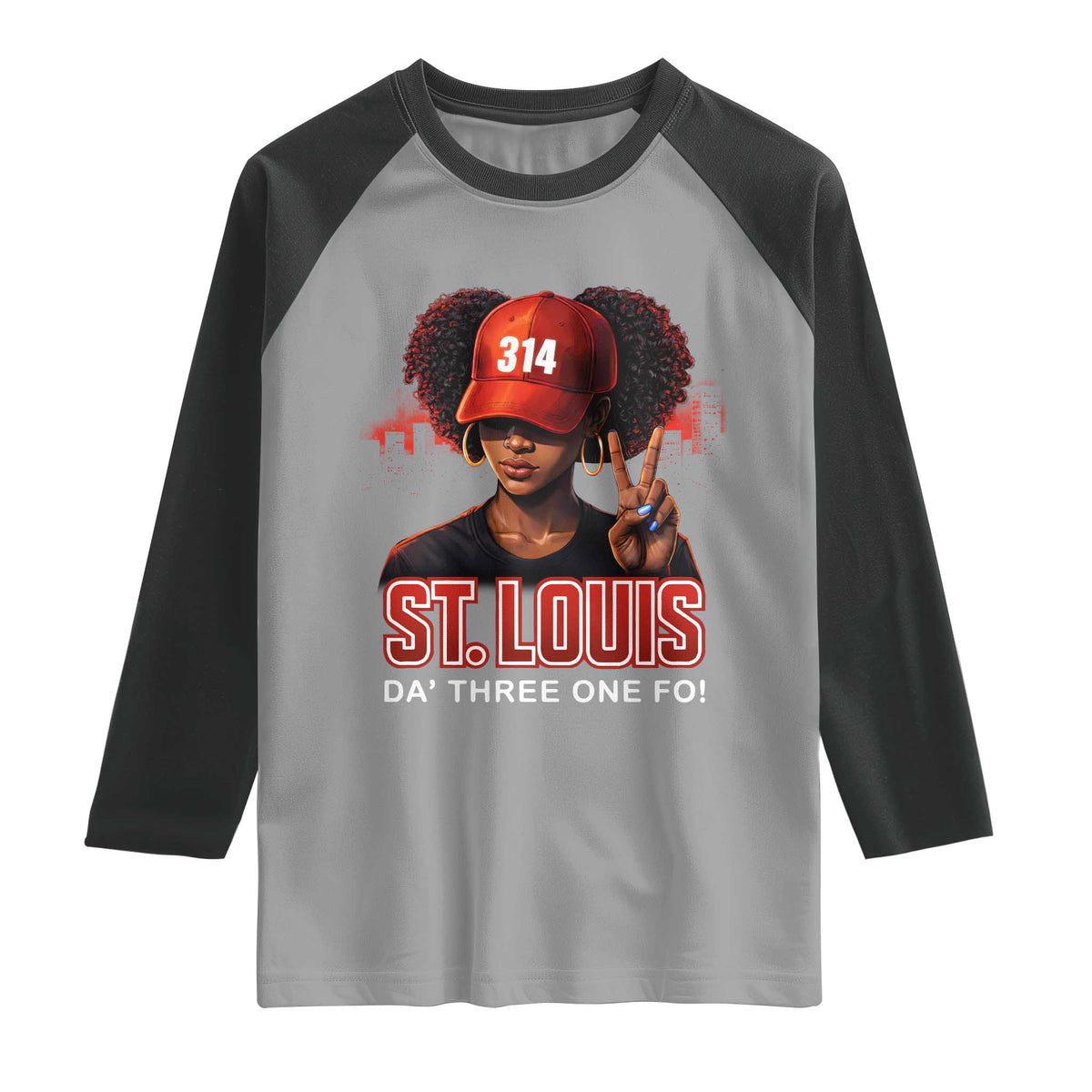 314 St Louis Raglan Shirt Red Hat African American Woman STL City Pride Area Code