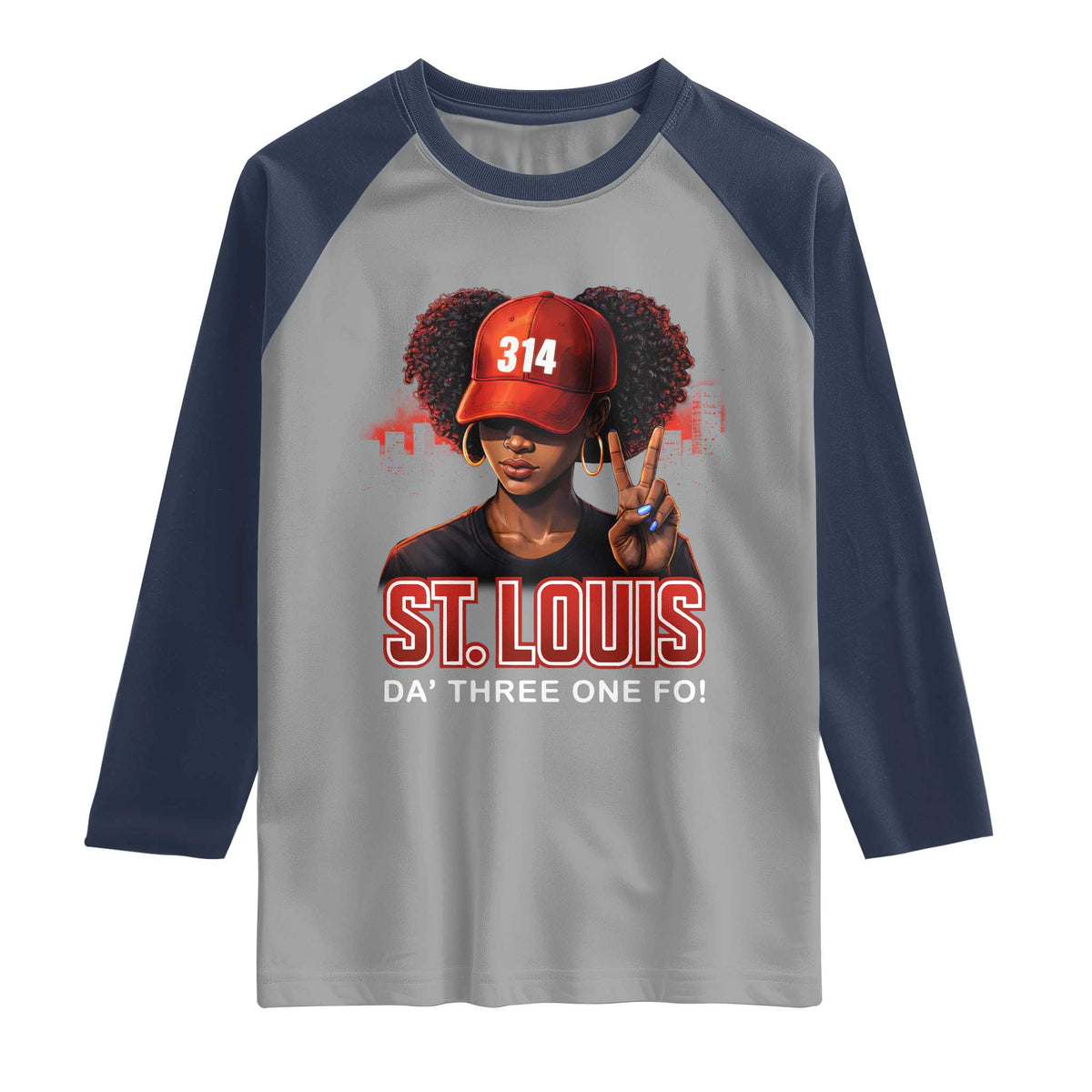 314 St Louis Raglan Shirt Red Hat African American Woman STL City Pride Area Code