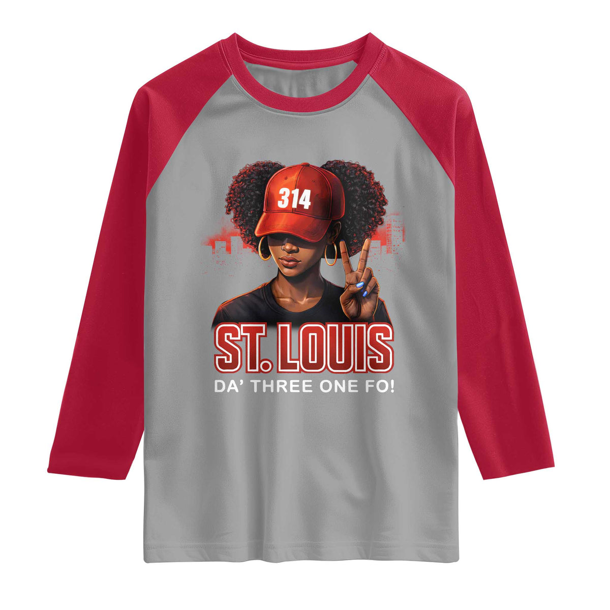 314 St Louis Raglan Shirt Red Hat African American Woman STL City Pride Area Code