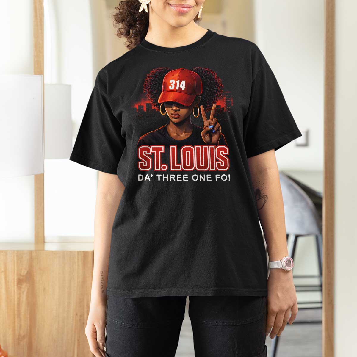 314 St Louis T Shirt For Women Red Hat African American Woman STL City Pride Area Code