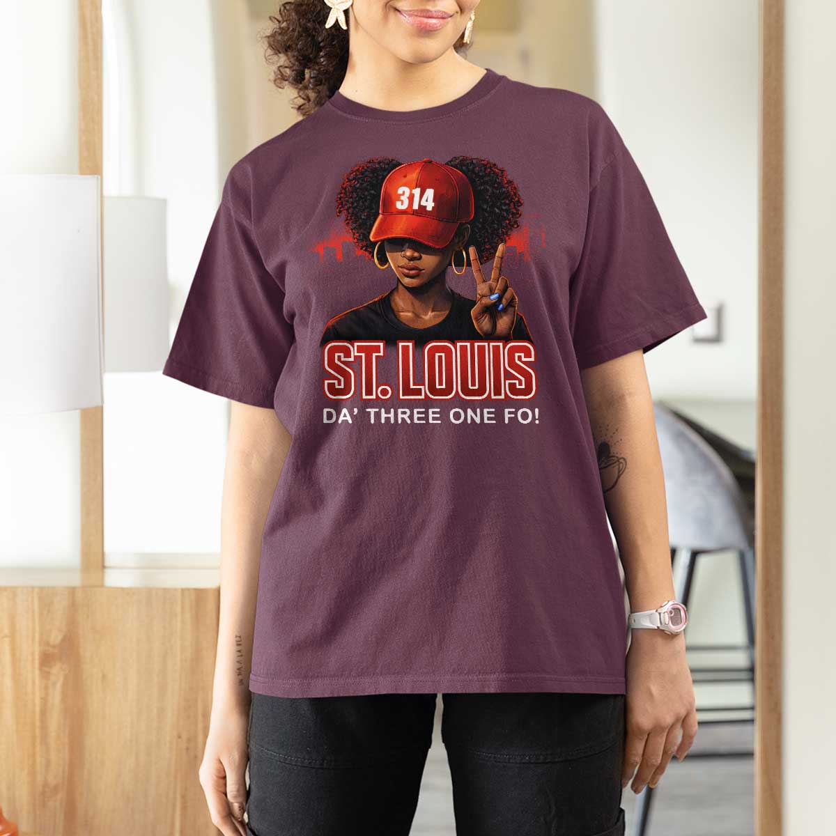 314 St Louis T Shirt For Women Red Hat African American Woman STL City Pride Area Code